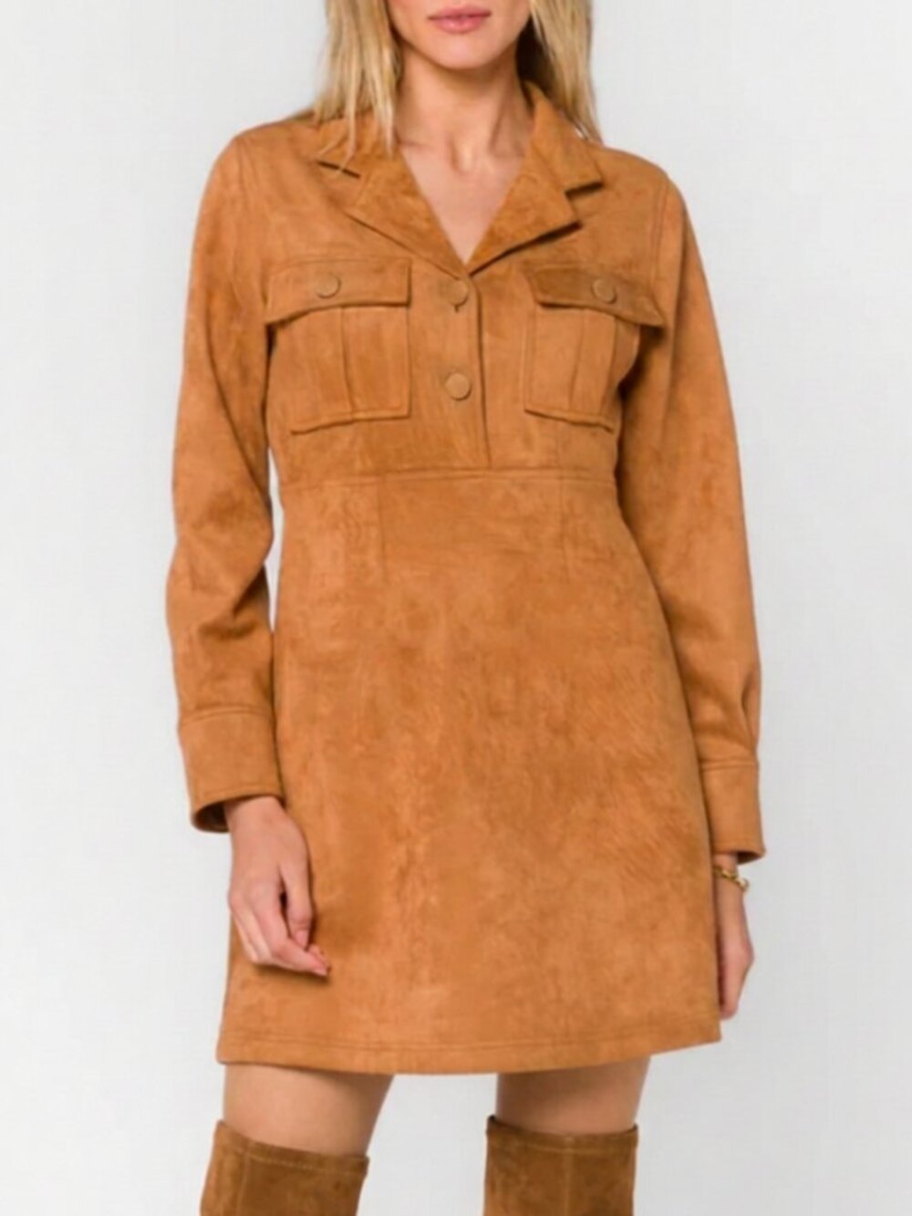 Velvet Heart Suede Camel Stretch Coat Dress